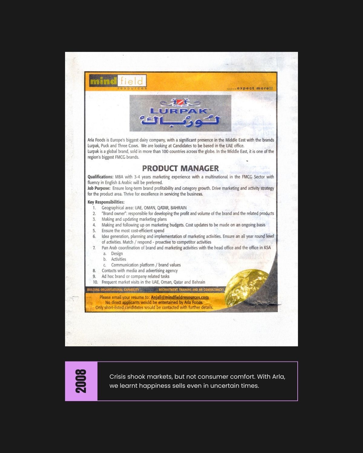 Arla Lurpak recruitment ad with Mindfield branding, 2008 archival scan