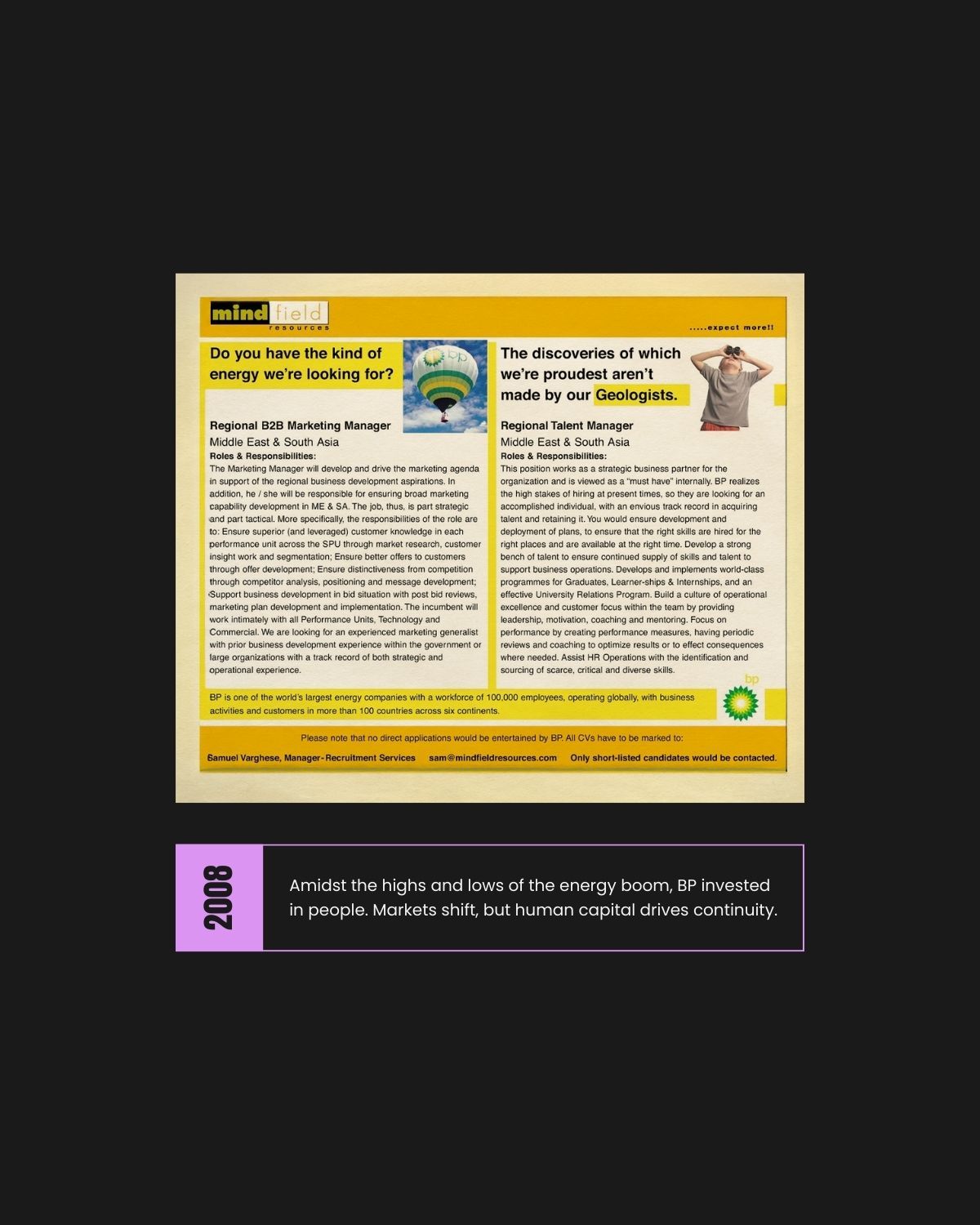 BP recruitment ad with Mindfield branding, 2008 archival scan